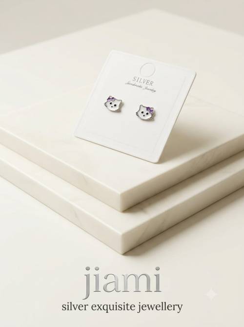 Handmade Silver Cat Face Studs with Purple Bow